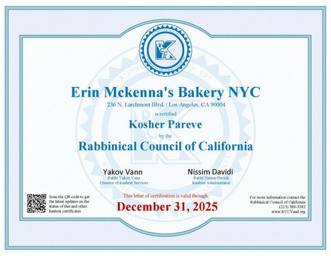A Kosher certificate for Erin McKenna's Bakery through December 2025.