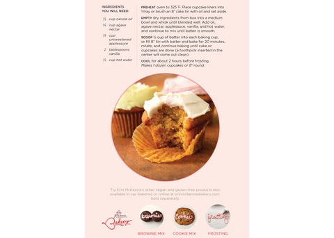 Recipe card showing ingredients and instructions for vanilla cake mix, with image of a frosted cupcake with a bite taken out showing moist interior. Bottom shows Erin McKenna's Bakery logo and product line including brownie mix, cookie mix, and frosting.