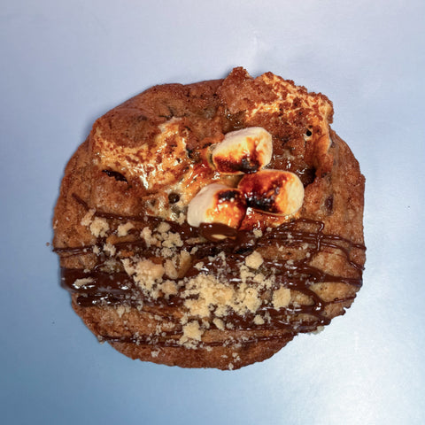 A round chocolate chip cookie topped with melted chocolate, crushed peanuts, and toasted marshmallow pieces, photographed from directly above on a light blue background.