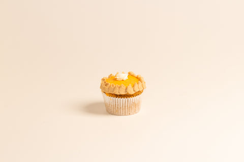 Single vegan pumpkin pie cupcake featuring bright orange filling, decorative tan piped frosting border, and a white whipped cream dollop on a neutral background